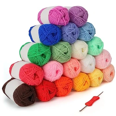 Imagen de Kurtzy Pack de 20 Lanas para Crochet Incluye Agujas 3 mm Set Colorido Lana Tejer Ganchillo Madejas 25 g 1000 Metros en Total Ovillos Suave Algodon
