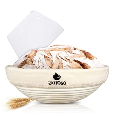 Imagen de EXITOSO Banetones para Pan Ronda (Ø 25 cm) con Libro de Recetas Electrónico y Espátula Panadero Cesta Fermentacion 1 kg Masa Banetton Utensilios Hacer Casero