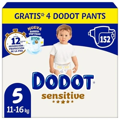 Imagen de Dodot Pañales Bebé Sensitive Talla 5 (11 16 kg), 152 + 4 Pants Gratis, Nº1 en Proteccion de la Piel Dodot, Pack Mensual