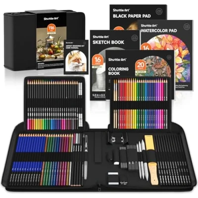 Imagen de Shuttle Art 116PCS Kit de Dibujo Artístico, Set Profesional Incluye Lápices Colores, Lapices Acuarelables, Bocetos, Grafito, Carboncillo, Herramientas para Adultos Niños Artista