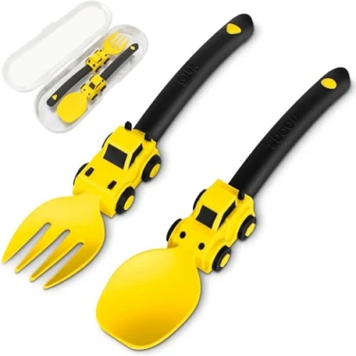Imagen de juego de cubiertos bebe tenedor y cuchara para niños Adecuado tenedores cucharas niños, portátil 1 2 3 4 5 años Amarillo