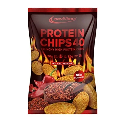 Imagen de IronMaxx patatas fritas Proteicas 40 Chili Picante 1 x 50g, asadas ricas en proteínas, bajo contenido carbohidratos y sin gluten, disponible muchos sabores diferentes