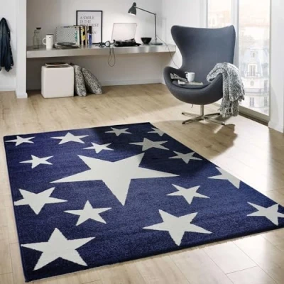 Imagen de VIMODA Alfombra con diseño de Estrellas, Calidad mullida, Fibra sintética Azul y Blanca, sin sustancias nocivas, 120 x 170 cm