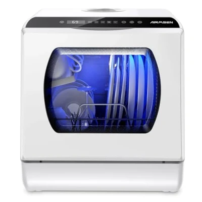 Imagen de AIRMSEN Mini Lavavajillas de Sobremesa con 5+1 Programas, Depósito 5 Litros, 2 Formas Suministro Agua, Control Táctil y Pantalla LED, Ideal para Cocinas Familiares, Apartamentos, Blanco