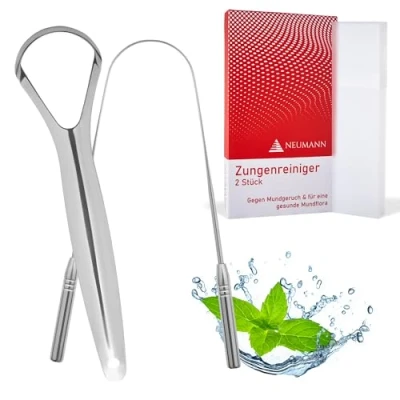 Imagen de NEUMANN® Limpiador lingual de acero inoxidable, 2 unidades, para adultos y niños, raspador lengua contra el mal aliento