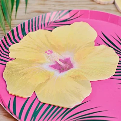 Imagen de Ginger Ray Servilletas de papel hawaianas Tiki con flores tropicales, color amarillo, 16,5 cm, paquete 16