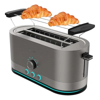 Imagen de Cecotec Tostadora Vertical de Acero con doble ranura larga Shine&amp;Toast Extra Double. 1400W, Capacidad 4 Tostadas, Ranuras Anchas 3,8cm, Anillo Luminoso, 7 Niveles Tostado, Varillas Superiores