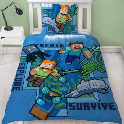 Imagen de Minecraft Ropa de cama infantil 135 x 200 cm, diseño reversible, funda almohada 80 nórdica 100 % algodón, tamaño alemán