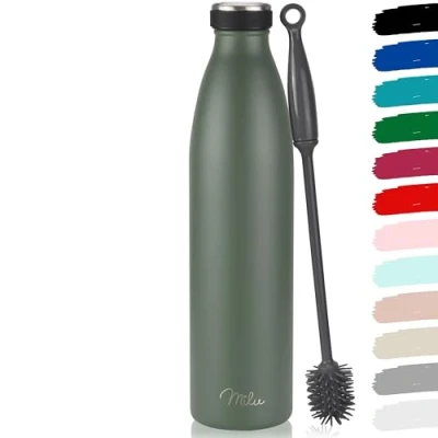 Imagen de Milu botella de acero inoxidable 350ml 500ml 750 ml 1 L 1,5 agua aislada, termo a prueba fugas, doble pared, apta para ácido carbónico + cepillo limpieza (Verde oliva, L)