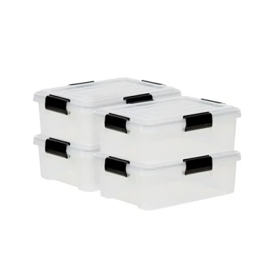 Imagen de Iris Ohyama 4 Cajas herméticas de plástico con tapa y cierres a presión, 10L, Transparente, sello impermeable, apilables, antipolvo, para ropas, camping, exteriores, cubo almacenaje, box, DDAT S
