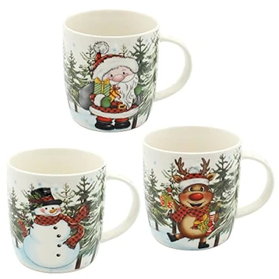 Imagen de Dekohelden24 Juego de 3 tazas porcelana para Navidad, 9 cm altura, 9,5 diámetro, capacidad 340 ml.