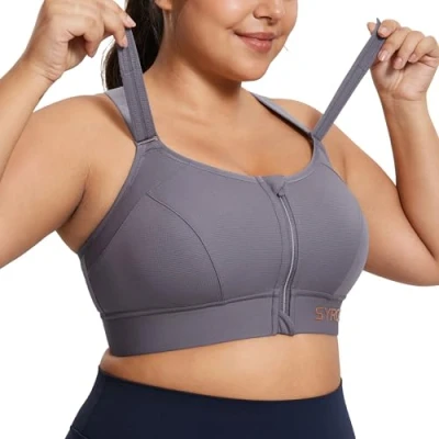 Imagen de SYROKAN Sujetador Deportivo para Alto Impacto Cremallera Frontal Correas Ajustables sin Aros Mujer Madera Salvaje 100C