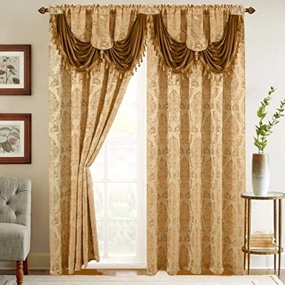 Imagen de Elegant Comfort Juego de Paneles Cortina Aspecto Jacquard con Cenefa Cascada adjunta (Juego 2), 54 x 84 Pulgadas, Dorado/Camello