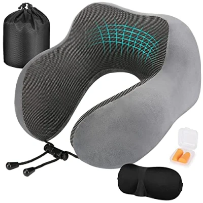 Imagen de Eono Almohada de Viaje para Cuello, Cervical Avión y Coche, Cuello Viscoelastica Espuma Memoria, Cojin con Máscara Ojos, Tapones Bolsa