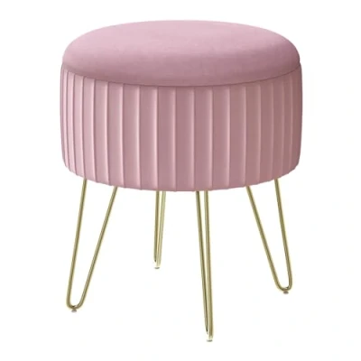 Imagen de WOLTU Puff Almacenaje, Otomana de Salon, Taburete Redondo Terciopelo, Baul para Sala Estar/Dormitorio/Entrada, Patas Metal, φ31,5x37.5 cm, Rosa Claro, SH105rs