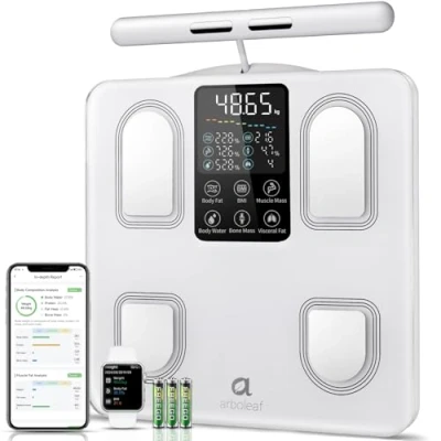 Imagen de arboleaf Bascula Inteligente de Peso Corporal con 8 Electrodos y Gran Pantalla LED, Báscula Grasa Muscular Analiza 27 Métricas, Baño Bioimpedancia Bluetooth APP, 180kg
