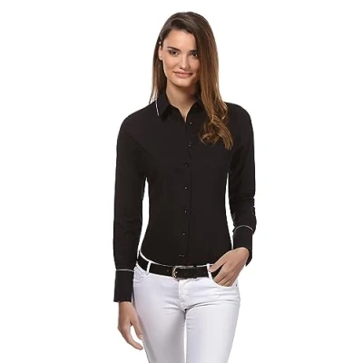 Imagen de Vincenzo Boretti Camisa de Mujer, Corte Ligeramente más angosto, 100% algodón, Manga Larga, Lisa, fácil Planchar, Cuello Kent, Elegante y clásica Negro 38