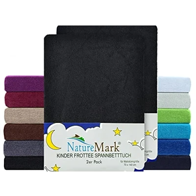 Imagen de NatureMark Juego de 2 sábanas bajeras ajustables para niños rizo, suave y acogedora, cuna cama infantil, 70 x 140 cm, color negro