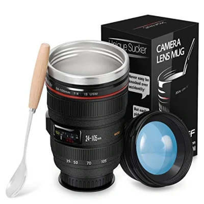 Imagen de Taza de Café Splend, con Lente Cámara Tapa y Cuchara Café, Viaje Acero Inoxidable Sifón Mágico, para Fotógrafos (Negra 320ml)