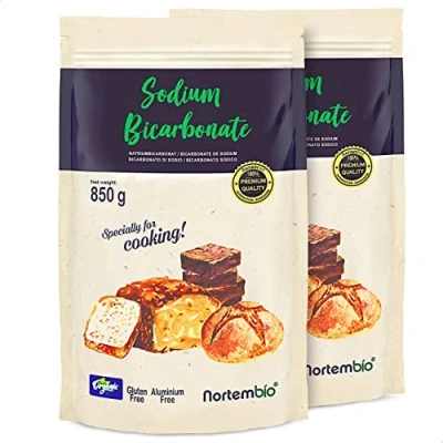 Imagen de Nortembio Bicarbonato de Sodio Alimenticio 2x850 g. Ecológico para Cocina y Repostería. Sódico Sin Aluminio Lavar Frutas Verduras. E Book con Recetas Incluido.
