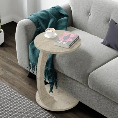 Imagen de [en.casa] Mesa Auxiliar Holeby en Forma de C Centro Redonda Mesita Salón con 4 Ruedas Uso Versátil 56 x Ø 38 cm Travertino
