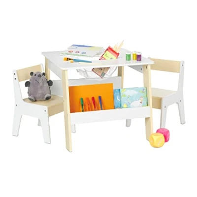 Imagen de Relaxdays Mesa y Sillas Infantiles, 2 Asientos, con Almacenaje, Muebles Niños, Minimesa Minisillas, Blanco/Beige, Tablero de Fibras, 51 x 55 69 cm