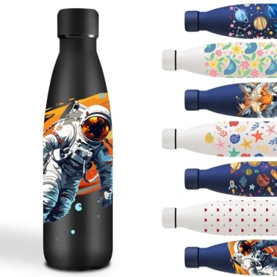 Imagen de Botella Agua Acero Inoxidable 500ml, Cantimplora Inoxidable, a Prueba de Fugas, Personalizada con Astronauta, Infantil para la Escuela, Oficina, Viajar, Deportes, Negro