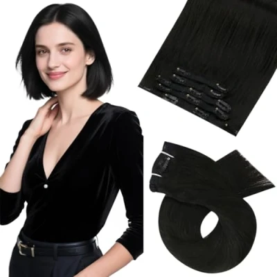 Imagen de Moresoo Extensiones Pelo Natural Clip Negro 25cm 5pcs 70g Lisas de Remy Cabello Humano Extesiones Corto Pelo(10inch,#1B)