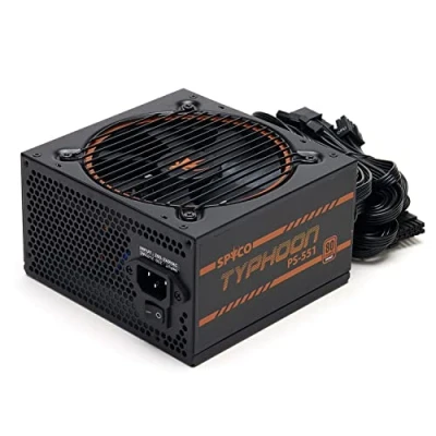 Imagen de SPYCO Typhoon PS 551 Fuente de Alimentación Gaming 550W, 80 Plus Bronze, no Modular, Bajo Nivel Ruido, PSU ATX, ventilador silencioso, Condensadores Teapo, Tamaño Compacto, 5 Años Garantía