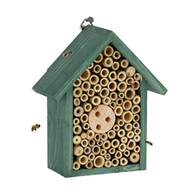 Imagen de Relaxdays Hotel Insectos, Nido Abejas y Avispas Silvestres, Casa Colmena Colgante, con Techo, 20 x 17 8,5 cm, Verde, Bambú