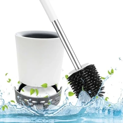 Imagen de Juego de escobilla inodoro con soporte drenaje, cabezal cepillo silicona flexible antiobstrucciones antigoteo, color blanco/gris mango acero inoxidable, paquete 2 almohadilla