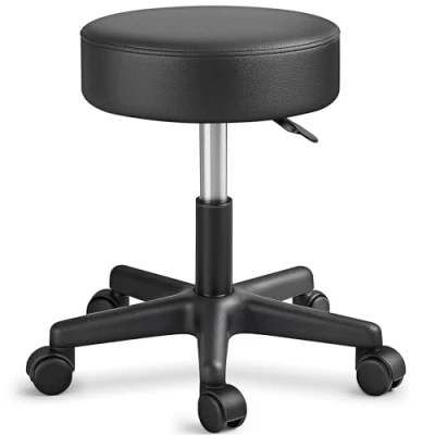 Imagen de TRESKO taburete con ruedas giratorio cosmético de trabajo consulta, regulable en altura, 360, asiento acolchado 10 cm y 8 variantes colores (Negro)