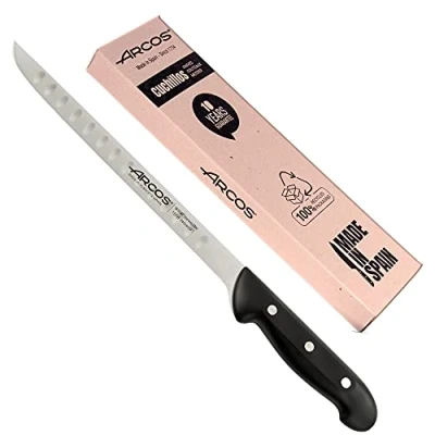 Imagen de Arcos jamonero Profesional Cuchillo Inoxidable Nitrum Mango Negro Jamon iberico Serie Maitre Hoja Flexible y Filo Liso 275 mm Acero