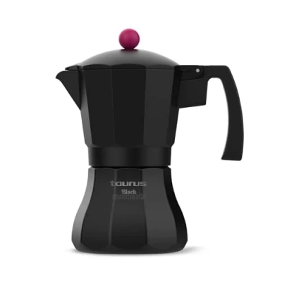 Imagen de Taurus Black Moments 9 Cafetera italiana, tazas, base y filtro de acero inoxidable, mango ergonómico, válvula seguridad, cierre silicona para mayor todos los fuegos, negro