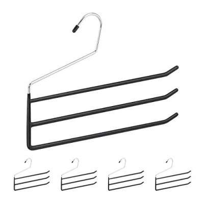 Imagen de Relaxdays Pack de 5 Perchas Pantalones, Múltiples, para Faldas, 3 Barras Antideslizantes, Gancho Fijo, Metal PVC, Negro