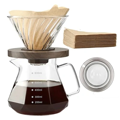 Imagen de Lalord Cafetera de Goteo Borosilicato 20 onzas con Filtro Papel V02, 100 hojas, Mango Nogal y Tapa Cafetera, 600 ml