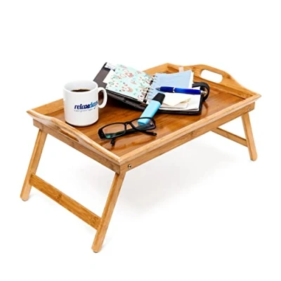 Imagen de Relaxdays Bandeja Cama Bambú, Plegable, con Asas, para Desayuno, Patas, Servir, 25 x 52 33 cm, Marrón Natural, Tablero de Fibras