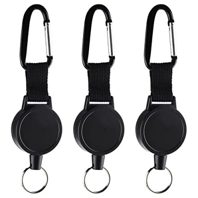 Imagen de Kuuqa 3 piezas para llaveros retráctiles de alta resistencia Logotipo retráctil Clip carrete con 65 cm / 25 pulgadas cuerda acero, negra