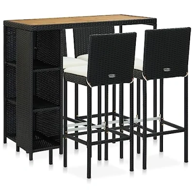 Imagen de vidaXL Set de Bar para Jardín 5 Piezas y Cojines Mesa Silla Asiento Patio Terraza Barra Bistró Muebles Mobiliario Ratán Sintético Negro