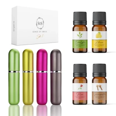 Imagen de SOS Conjunto de entrenamiento olfativo 100% aceites esenciales eucalipto, limón, rosa, clavo para la pérdida del olfato aprender a oler nuevo