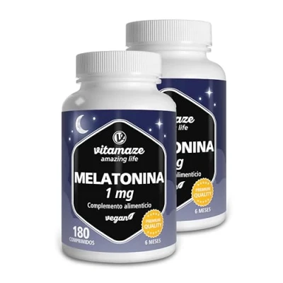 Imagen de Melatonina Pura 1 MG (para Año), Duo Pack de 360 Comprimidos, Vegana y Alta Dosis para Dormir, Suplemento Dormir sin aditivos no deseados, Calidad Alemana. Vitamaze