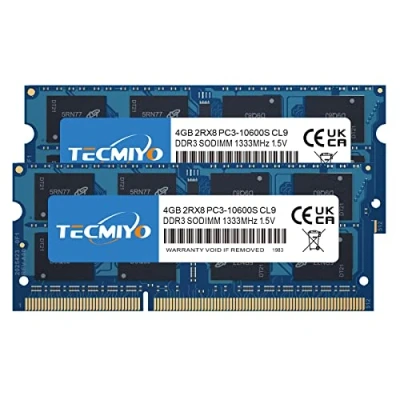 Imagen de TECMIYO 8GB Kit Memoria RAM DDR3 (2x4GB) PC3 10600S 1333MHz SODIMM CL9 204 Pin 1.5V Non ECC Unbuffered Laptop Memory Notebook Module