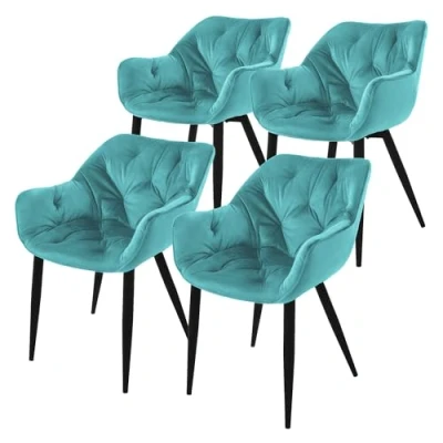 Imagen de ML Design Set 4X Sillas de Comedor con Respaldo y Reposabrazos Asiento Ergonómico Acolchado Tapizado Terciopelo Azul Petróleo, Patas Metal Sillón Diseño Moderno para Salón, Escritorio o Cocina