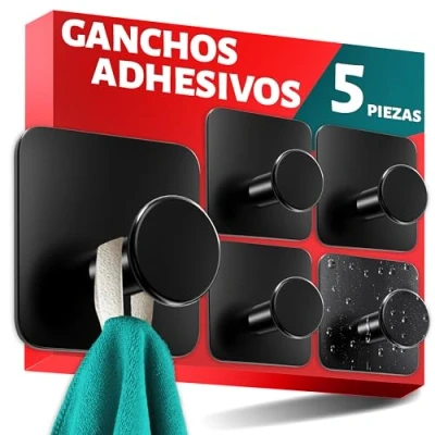 Imagen de Menz colgador toalla baño sin taladro SET de 5 ganchos adhesivos para pared diseño moderno colgadores resistentes negros perchas adhesivas fuertes