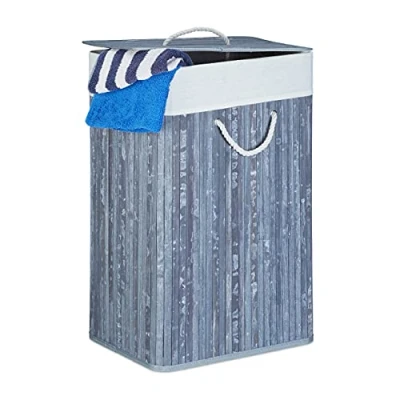 Imagen de Relaxdays Cesto Ropa Sucia Plegable, Cubo Colada Rectangular con Tapa, Bambú, 83 L, 65,5 x 43,5 33,5 cm, Gris