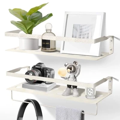 Imagen de Uten Juego de 2 Baldas Pared, 40 cm Largo Estantes Pared Clásicos Modernos con Toallero, Ahorre Espacio, Apto para Salón, Dormitorio, Cocina, Baño, Hierro, Blanco