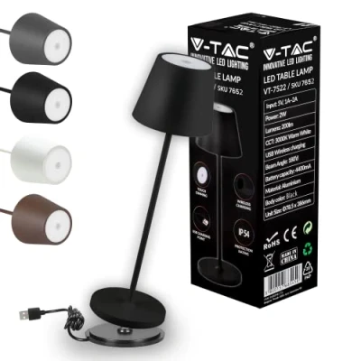 Imagen de V TAC Lámpara de Mesa Inalámbrica LED Regulable con Controles Táctiles Negra para Interiores y Exteriores Hogar o Restaurante Batería 4400 mAh Luz Blanca Cálida 3000K