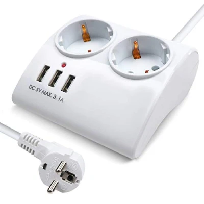 Imagen de EXTRASTAR Regleta Enchufes con 2 Tomas y 3 Puertos USB, la Protección de Infancia, 1,5M, para Casa Oficina, MAX 3680W, 16A, Blanco