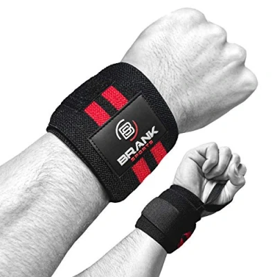 Imagen de Muñequeras Crossfit Hombre y Mujer Rojas Negras Agarres para Gym Straps Powerlifting Levantamiento de Pesas Protección Muñeca Garantizada Costuras reforzadas largas cómodas