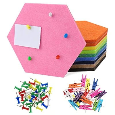 Imagen de HonGien Tablero de fieltro 10 piezas anuncios hexagonal autoadhesivo con 16 pines para mostrar notas anotación dibujo y decoración pared en color combinación multicolor